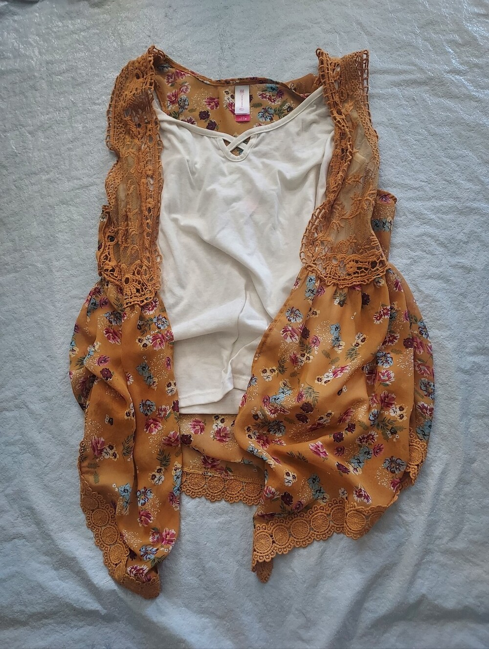 No Boundaries White Tank Top with Mustard Floral Crochet Overlay